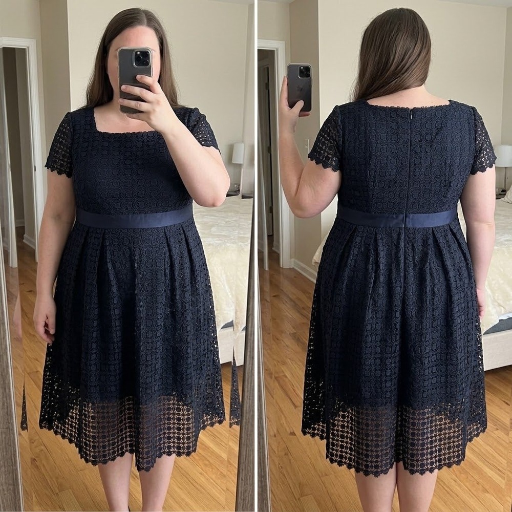 Talbots Navy Blue Floral Crochet Lace Fit & Flare Midi Dress Plus Size 22W
